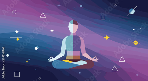 Quadro su tela Cosmic Meditation: A stylized figure in a meditative pose floats in a surreal, colorful universe filled with geometric shapes and celestial bodies, representing inner peace and cosmic connection