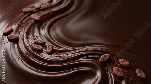 Rich, swirling melted chocolate background with cocoa elements for World Chocolate Day