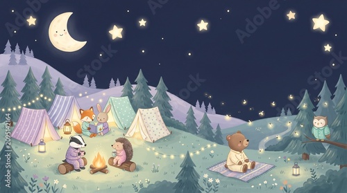 Cute Woodland Animals Camping Under the Stars – Whimsical Night Scene