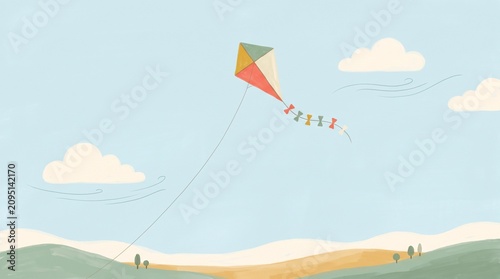 Colorful Kite Flying in a Breezy Sky Above Rolling Hills – Leisure Activity