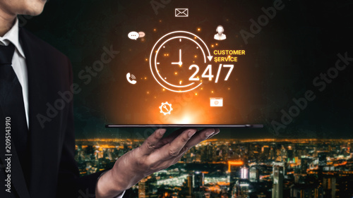 Concept of 24-hour customer service. Providing constant, non-stop support and assistance through multiple channels like phone, email, and chat for customer satisfaction. Fermion