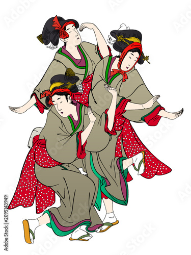 和風の着物を着た女性たちが踊る