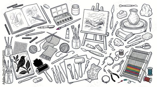 Collection of artistic tools and supplies.