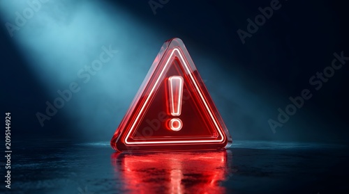 Glowing neon red warning triangle sign with exclamation mark on a dark wet reflective surface representing futuristic cyber security danger or system error alert