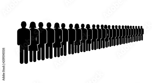 Black silhouette crowd of people standing in a long perspective line.