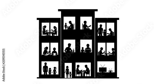 Obraz na płótnie Silhouette illustration of an apartment building with people in windows
