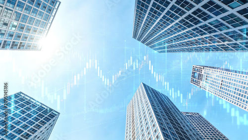 Obraz na plátně A low-angle shot of modern skyscrapers with overlaid financial candlestick charts representing market data and business trends