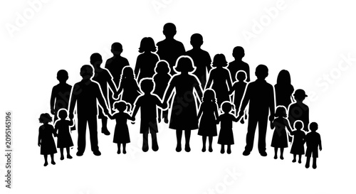Black silhouette of a large group of diverse people standing together.