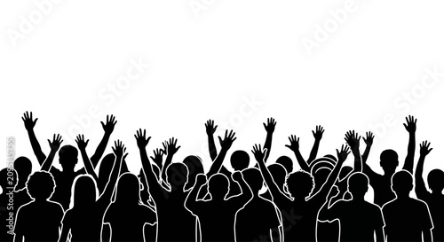 Black silhouette crowd of people cheering with raised hands isolated on white background.
