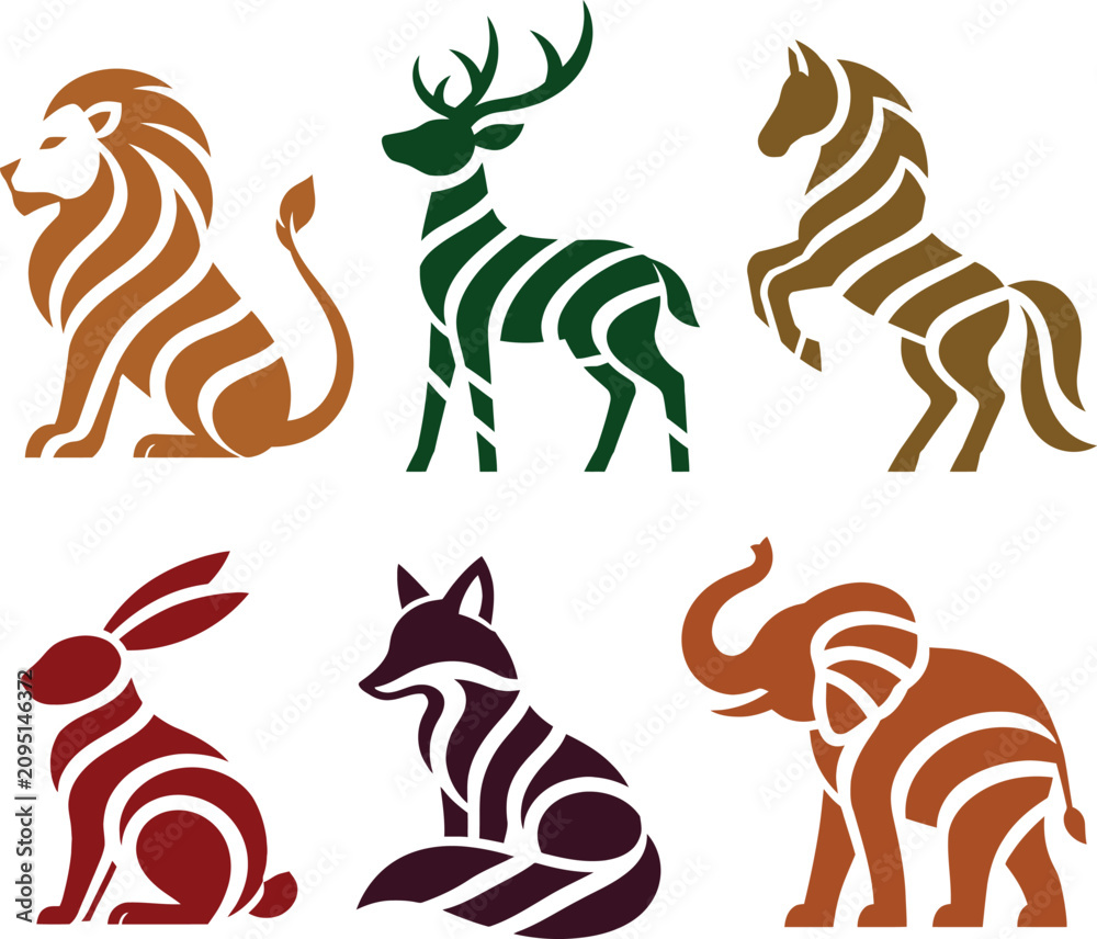 Obraz premium A collection of six elegant animal silhouettes featuring lion, deer, horse, rabbit, fox, and elephant with bold curved stripe details. Perfect for wildlife logos, safari branding, T-shirts,
