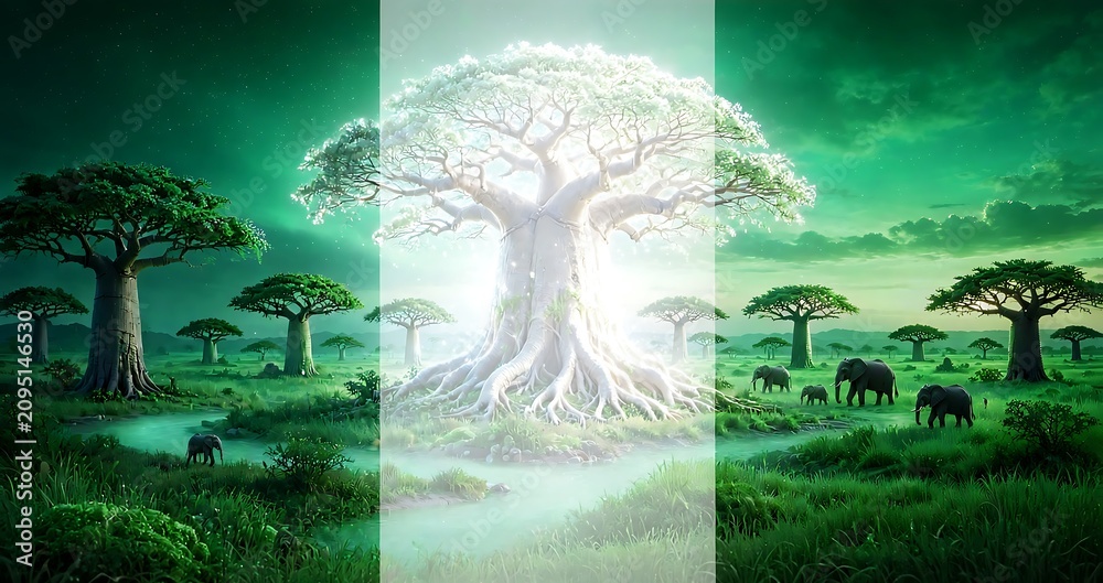 Fototapeta Luminous white baobab with green savanna and elephants