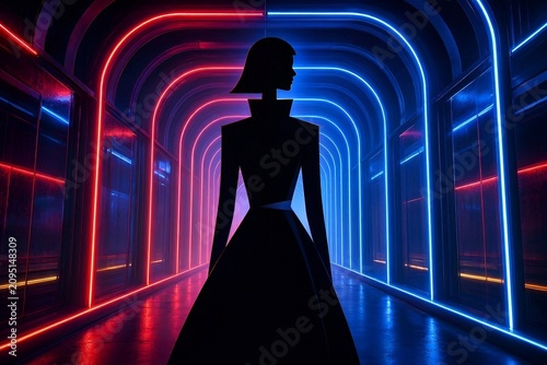 Abstract futuristic woman silhouette inside neon architectural tunnel with red & blue light, symbolizing innovation modern fashion digital art & advanced technology concept. Futuristic Sci-fi Corridor