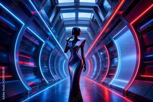 Abstract futuristic woman silhouette inside neon architectural tunnel with red & blue light, symbolizing innovation modern fashion digital art & advanced technology concept. Futuristic Sci-fi Corridor