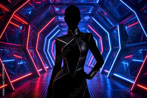 Abstract futuristic woman silhouette inside neon architectural tunnel with red & blue light, symbolizing innovation modern fashion digital art & advanced technology concept. Futuristic Sci-fi Corridor