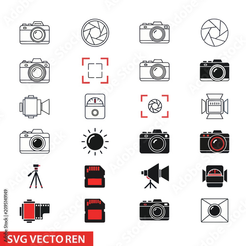 Fényképezés Photography and video equipment icon set in black and red
