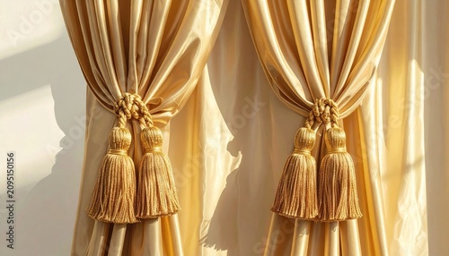 Elegant Golden Curtains with Decorative Tassels and Natural Light.