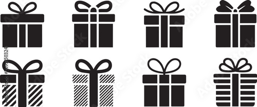 Foto Gift box vector icon set including holiday present packages celebration ribbons festive birthday surprises shopping event containers surprise reward boxes luxury party wrapping styles