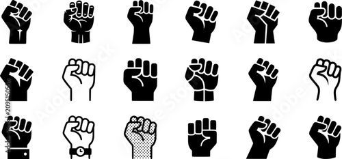 Raised Fist Icon Set – Protest, Solidarity, Freedom, Human Rights, Activism, Equality and Empowerment Hand Gesture Symbols Collection Isolated on White Background
