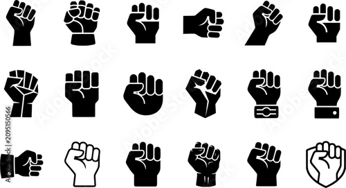 Raised Fist Icon Set – Protest, Solidarity, Freedom, Human Rights, Activism, Equality and Empowerment Hand Gesture Symbols Collection Isolated on White Background