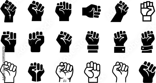 Raised Fist Icon Set – Protest, Solidarity, Freedom, Human Rights, Activism, Equality and Empowerment Hand Gesture Symbols Collection Isolated on White Background