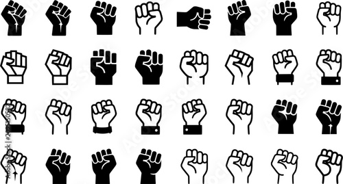Raised Fist Icon Set – Protest, Solidarity, Freedom, Human Rights, Activism, Equality and Empowerment Hand Gesture Symbols Collection Isolated on White Background
