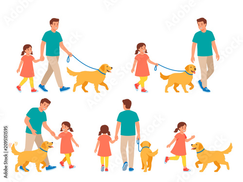 vector Father and daughter enjoying time with their golden retriever dog on Father's Day celebration Isolated on transparent background