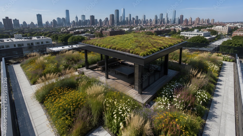 Fototapeta premium Green Roof Gazebo with Sedum and Rooftop Wildflowers Creates Bright Sustainable Skyline Garden Retreat Beautifully