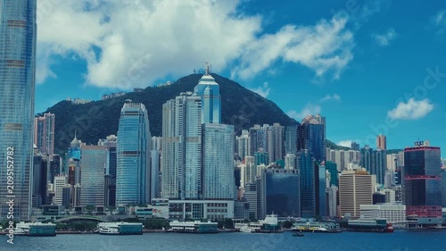A dynamic high-resolution video showcasing Hong Kong's skyline from a fixed vantage point, featuring bustling urban landscapes against green mountains
