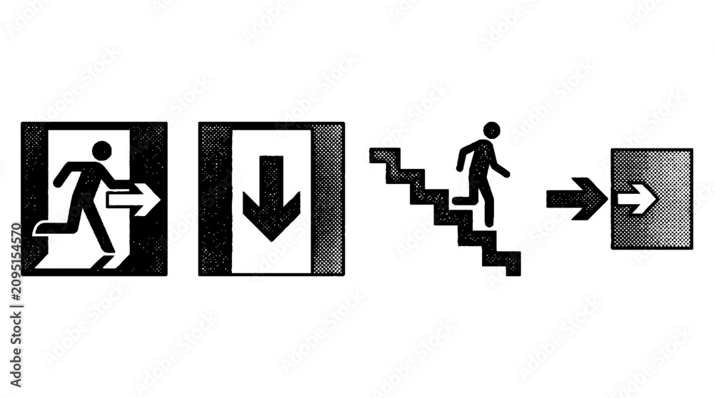 Fototapeta premium This image presents vector halftone graphics of emergency exit signs, clearly indicating safety routes and emphasizing the importance of quick evacuation in emergencies.