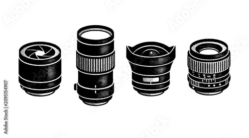 This image showcases a fascinating collection of camera lenses illustrated in vector halftone style, representing different types and functionalities for photographers.