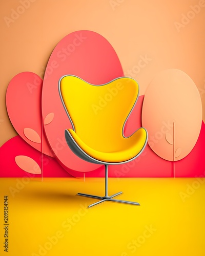 Vibrant Yellow Modern Chair Against Artistic Geometric Backdrop in Minimalist Pop Art Style for Interior Design Inspiration