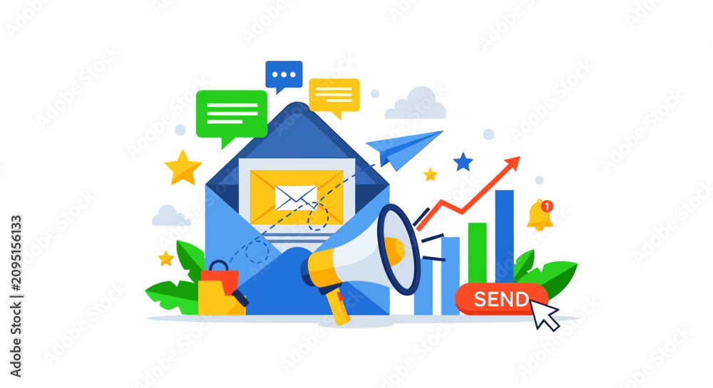 Naklejka premium Digital Email Marketing Campaign Illustration with Megaphone and Analytics.