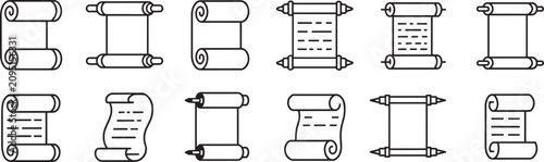 Fotografie Collection of parchment scroll vector icons displaying various antique paper document styles and rolled scrolls in simple line art suitable for historical content or fantasy design projects