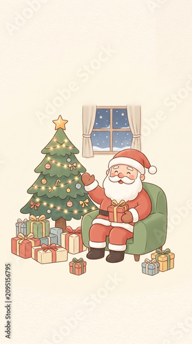 Cartoon Santa Claus sitting in an armchair next to a tree