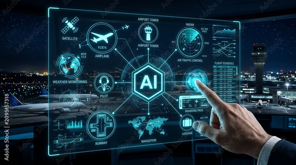 Fototapeta premium Futuristic AI Aviation Operations Dashboard with Smart Airport Control Interface