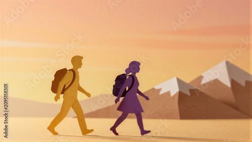 Two paper cutout figures walk toward mountains at golden sunset.