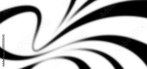 Halftone Dotted Monochrome Waves. Abstract Vector Dynamic Lines with Dots. Curved Ribbons with Halftone Texture Effect.
