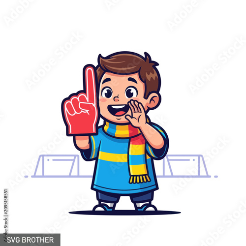 Happy young boy sports fan cheering with foam finger and scarf