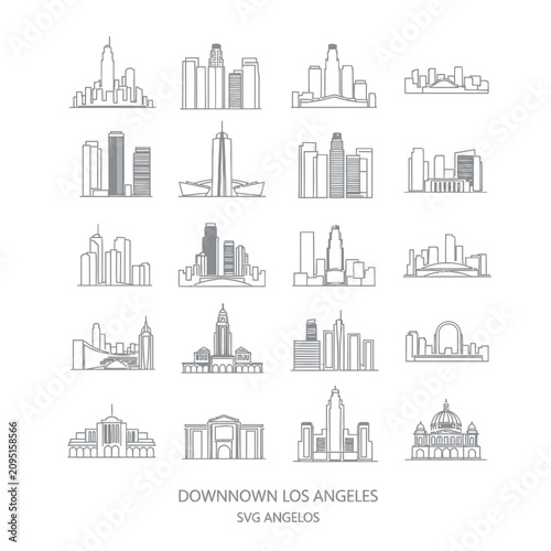 Downtown metropolitan skyline and landmark building icons