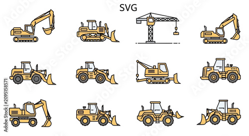 Yellow heavy machinery icons set for construction and engineering