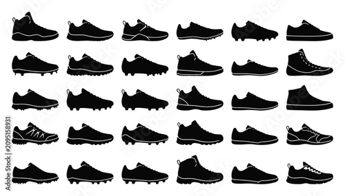 Obraz na płótnie Sports shoes and athletic sneaker vector icon set featuring football cleats, running shoes, training footwear, soccer boots, gym trainers and professional sportswear designs for active lifestyle