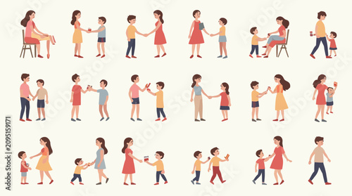 Various illustrations depict adults and children sharing items and engaging in daily interactions.