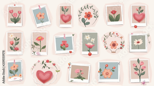 A charming collection of floral and heart-shaped polaroid photos and decorative stickers with a gentle aesthetic.