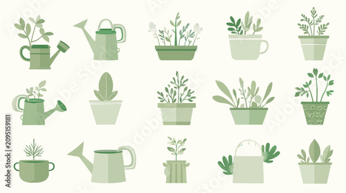 Seamless pattern of green potted houseplants and watering cans in flat design style