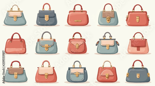 Vector illustration of a diverse collection of stylish women's handbags with various colors