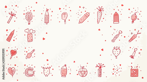 Whimsical doodles of gifts, hearts, and celebratory objects form a charming border.
