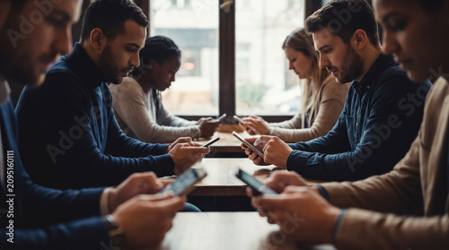 People using smartphones at long indoor cafe table