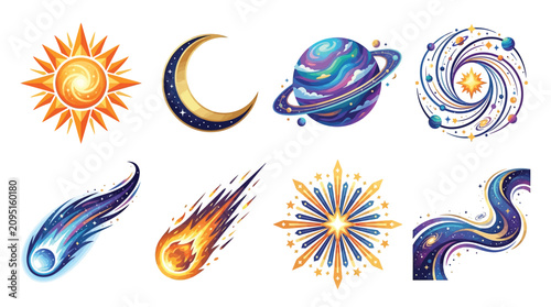 фотографія Collection of celestial bodies and cosmic phenomena, including sun, moon, planet, comet, and nebula