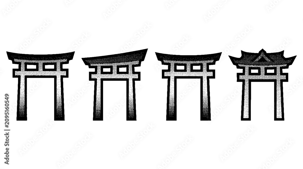 Naklejka premium This image showcases four distinct torii gates illustrated in a vector halftone style, symbolizing the transition between the sacred and the profane in Japanese culture.