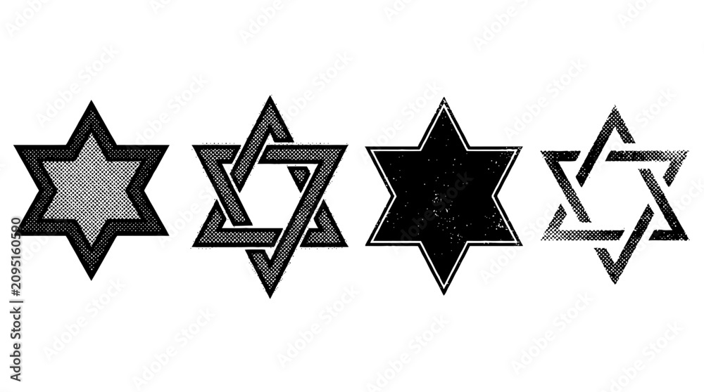 Fototapeta premium This image presents an artistic collection of halftone vector Star of David designs, representing Jewish faith, identity, and heritage in a modern artistic style.